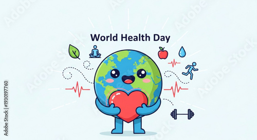 World health day cartoon globe character holding heart with health symbols around it