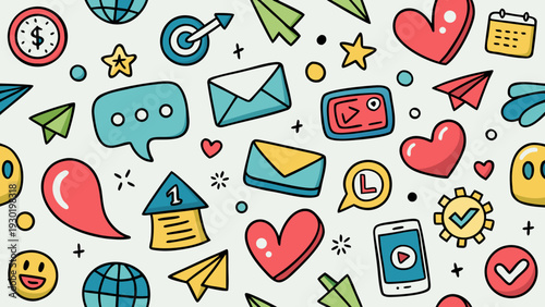 Vibrant Seamless Social Media and Communication Doodle Pattern Background - Vector Illustration for Digital Marketing, Online Interaction, and Technology Concepts, Featuring Connectivity Icons and Eng