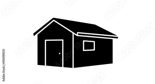Simple black and white illustration of a small house with a door and window viewed from the side