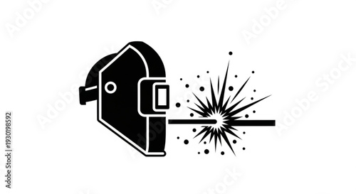 A welding helmet shield with sparks flying during a metalworking process illustration