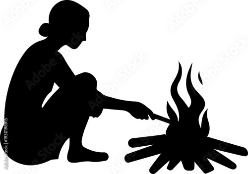 Silhouette of a person crouching by a campfire poking the flames with a stick in a simple black graphic