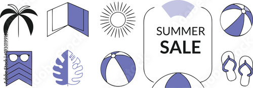 Summer sale vector illustration set with beach accessories, sun, and palm tree on transparent background