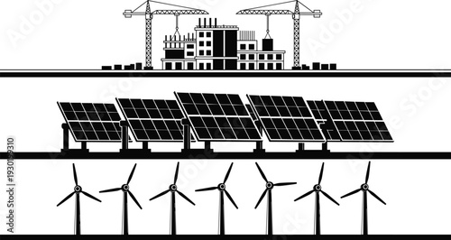 Set of black silhouettes featuring a building construction site with cranes solar panel farm and wind turbine field for renewable green energy projects