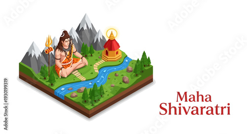 Isometric illustration of Lord Shiva meditating in a serene landscape with mountains, river, and shivling, celebrating Maha Shivaratri.
