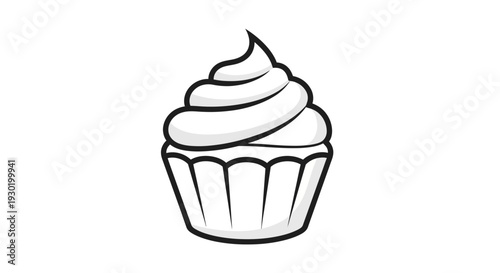 Simple cupcake illustration with white frosting and fluted paper liner, isolated on white background.