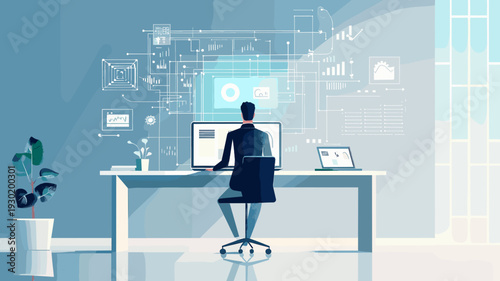 デスクで働くビジネスパーソン　データ分析ダッシュボードのフラットイラスト