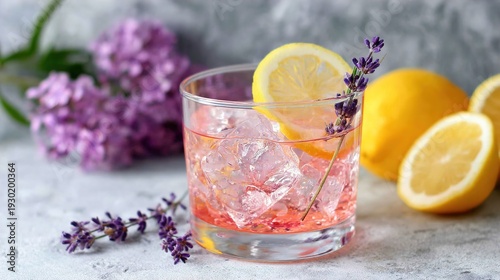A refreshing pink cocktail with lemon and lavender on a marble surface