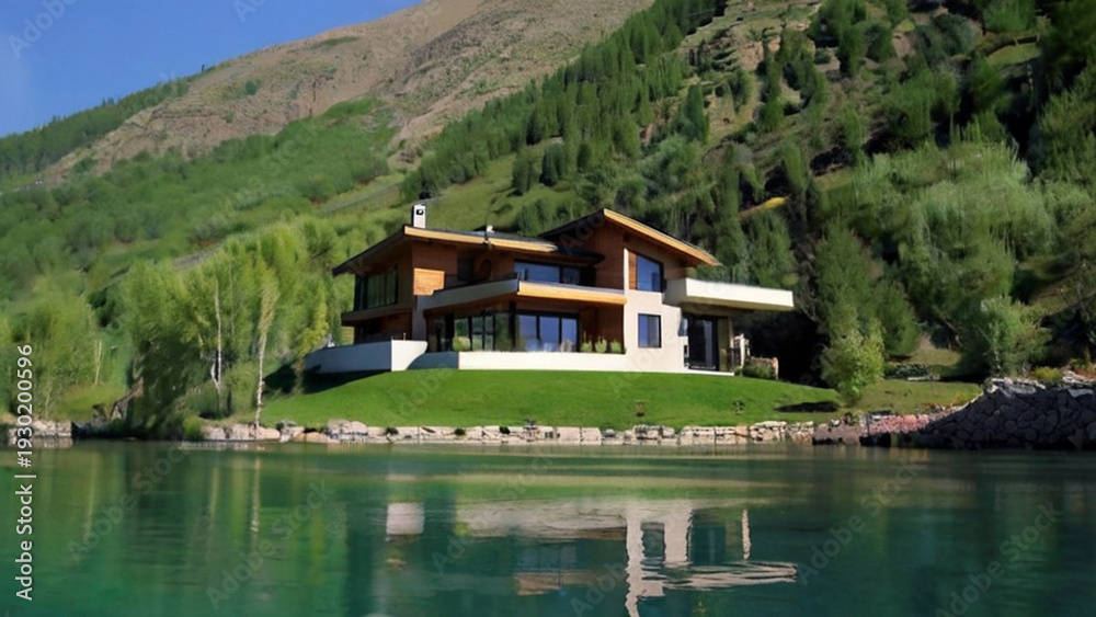 Obraz premium Nature beauty magic of rivers Spring Flowers Mountains and House