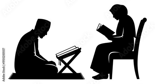 Two individuals engrossed in reading different books in a quiet setting Vector, illustration