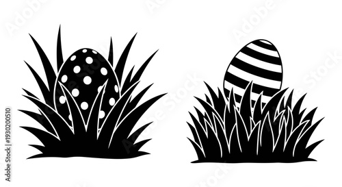 Two distinctively patterned eggs nestled in grassy surroundings. Vector, illustration