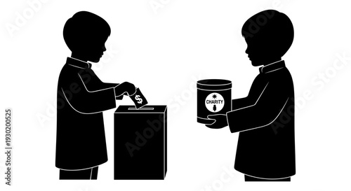 Two children participating in a community donation activity by placing items in a donation box Vector, illustration