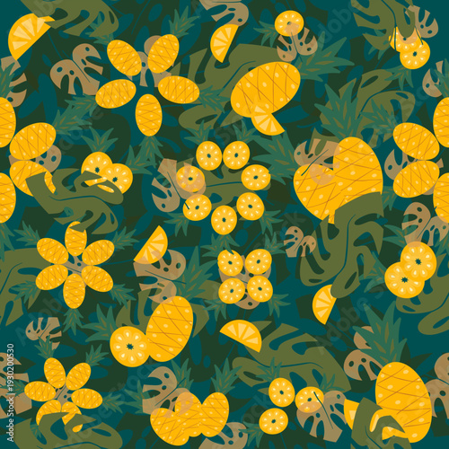 Luxury Golden Pineapple and Olive Monstera Leaf Seamless Pattern on Deep Teal Background for Premium Textile and Wallpaper Design
