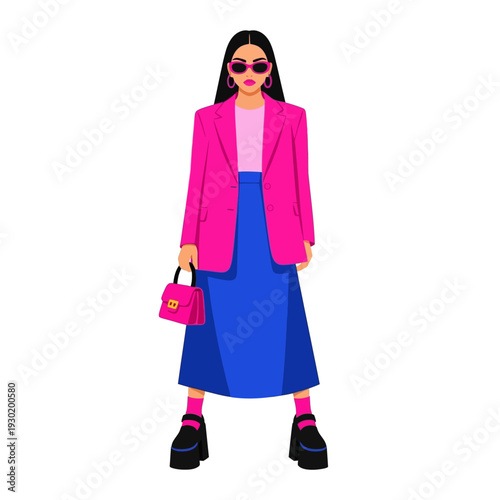 Modern fashion vector illustration of a stylish woman in a vibrant pink blazer, blue skirt, platform shoes, sunglasses, handbag.