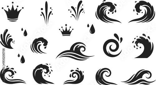 Water splash silhouette collection, wave droplet icon set, ocean fluid motion vector design, aquatic illustration, isolated black symbol artwork