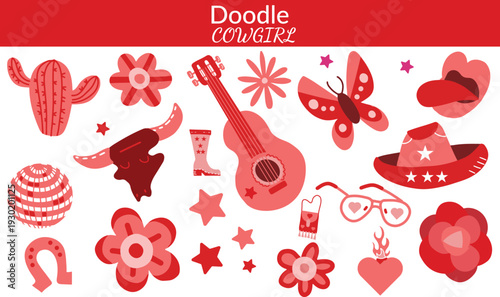 Pink Western fashion icon set featuring cowboy hats, boots, cactus, lipstick, bra, and disco ball, designed as stylish country glam vector illustrations for trendy lifestyle and fashion design.