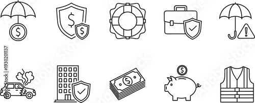 Insurance and Financial Protection Line Icons Set with Umbrella Shield Money Car Property and Safety Vest