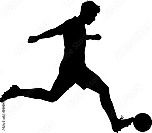 Dynamic silhouette of a professional footballer running and dribbling the ball forward