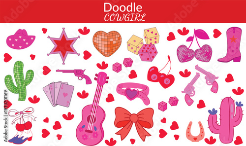 Pink Western fashion icon set featuring cowboy hats, boots, cactus, lipstick, bra, and disco ball, designed as stylish country glam vector illustrations for trendy lifestyle and fashion design.