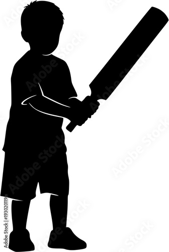 Silhouette of a little boy cricketer standing and holding a cricket bat for practice