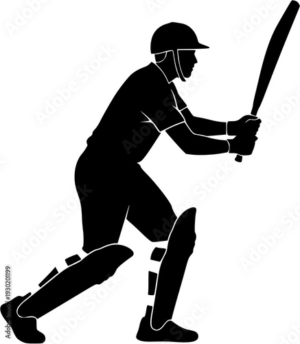 Full body silhouette of a cricket batsman in a ready batting stance with pads and helmet
