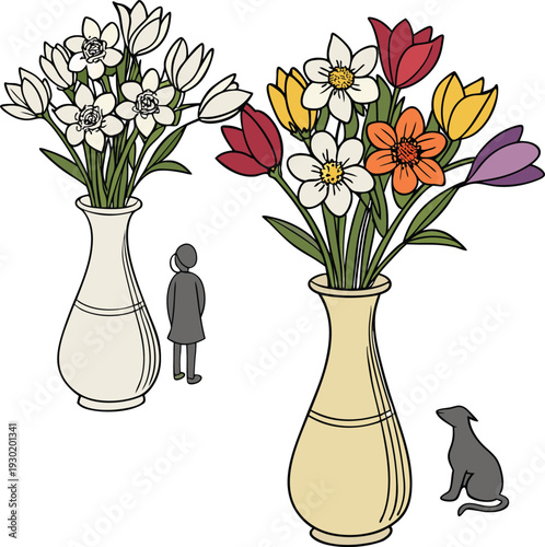 Colorful flowers in two vases with a person and a cat white