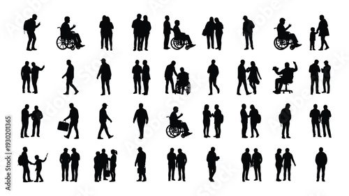 A collection of black silhouettes of people with various disabilities isolated on white background, Vector