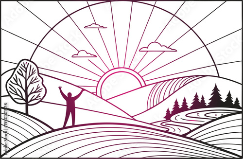 Man standing on hill with arms raised at sunrise person