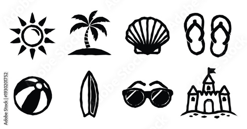 Beach and Summer Icon Set Featuring Leisure and Vacation Items on Gray Background, Including Sunglasses, Umbrella, Flip Flops, Surfboard, Starfish, and Tropical Holiday Symbols