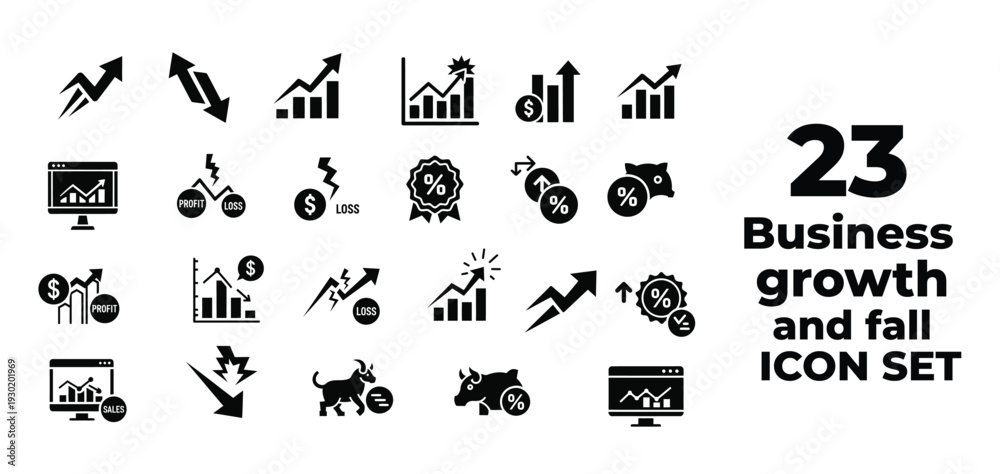 Fototapeta premium Business growth and fall outline icon set with rising graph declining chart and financial trend symbols