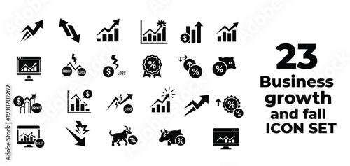 Business growth and fall outline icon set with rising graph declining chart and financial trend symbols