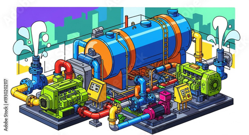 Industrial machinery with pipes and tanks in a factory setting.