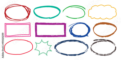 Crayon chalk pastel stroke rectangles square circle oval ellipse collection. Retro vintage vector borders templates. Colorful Hand Drawn Brush Texture Dialogue Text Frames.