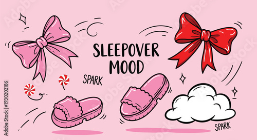 Cute girls night sticker collection with wine popcorn pajamas and cozy sleepover elements