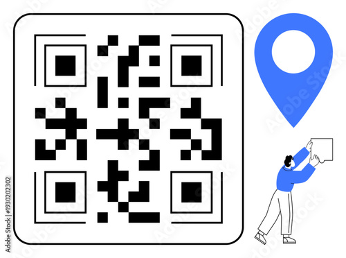 QR code concept. QR code linked with a map pin location tracking and digital navigation. QR code applications in logistics, marketing, mobile apps, tourism, e-commerce