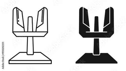 Two black and white line art illustrations of abstract sculptures on stands