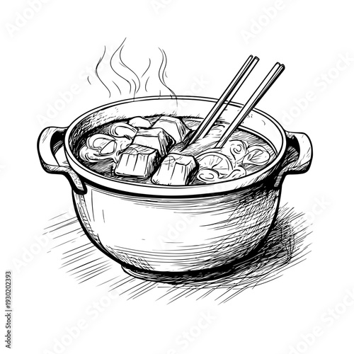 A Hand-Drawn Illustration of a Steaming Pot of Chinese Noodles, Perfect for Adobe Stock Food Collections