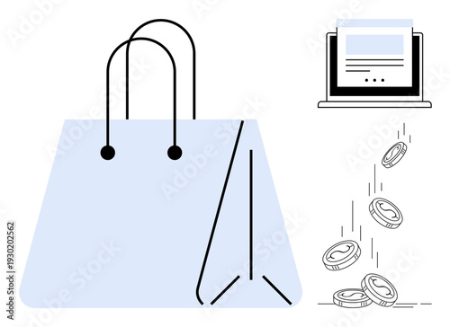 E-commerce, online retail vector illustration. digital transactions, shopping apps, digital wallets, payment methods. Shopping bag, computer screen coins falling. E-commerce and online retail concept