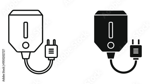 Black and white line art of charger adapters