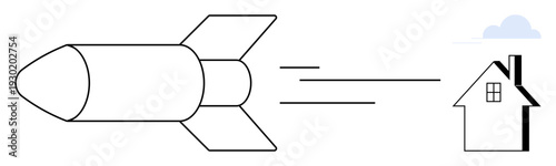 War, danger, security, conflict, destruction, residential threats. A missile flying towards a house with clouds in the background. Danger and security concepts
