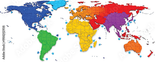 A colorful illustration of the world map with vibrant continents and blue dots marking various locations