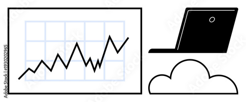 Business analysis. Vector illustration. Data visualization, financial planning, digital technology, online tools. Chart with rising graph, laptop and cloud. Data analytics and cloud storage concept