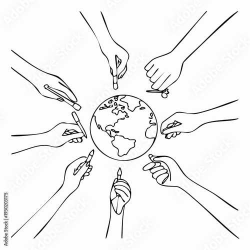 Diverse hands collaborating around a central globe symbolizing global unity and teamwork.