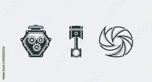 Mechanical engine parts including gears piston and fan.