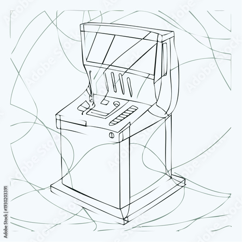 Retro Arcade Game Machine Line Art Drawing.