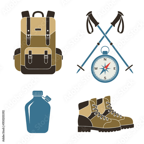 Hiking Backpack Boots Compass Water Bottle Trekking.
