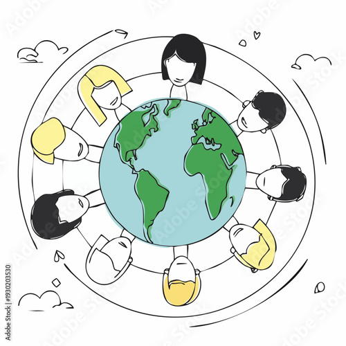 Diverse people united around the globe in a circle.