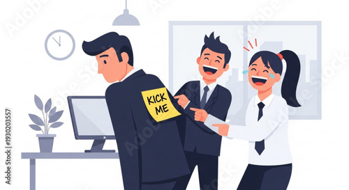 Colleagues playfully tease man with sticky note on back in office setting with computer and clock