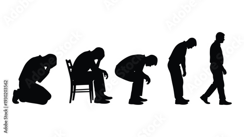 A series of silhouettes showing a person getting up from the ground isolated on white background, Vector