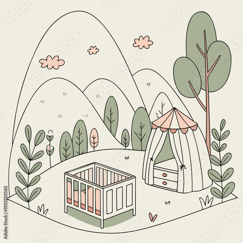 Whimsical Outdoor Nursery Doodle Illustration with Baby Crib, Tent, Mountains, and Trees in Soft Pastel Colors.