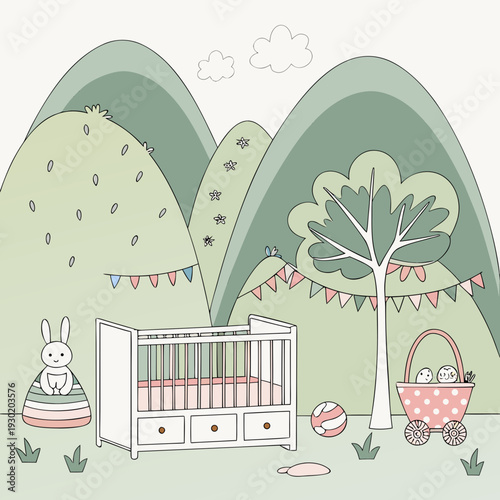 Dreamy Pastel Nursery Outdoor Scene with Baby Crib, Toy Bunny, and Festive Garlands in a Gentle Mountain Landscape